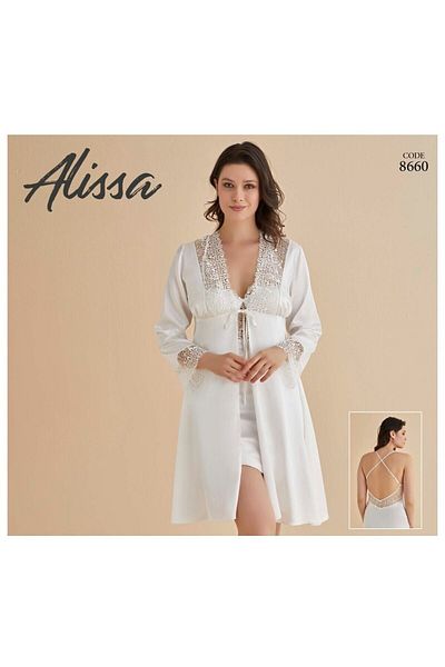 ModAras Lace Patterned Women's Bridal Dowry Nightgown Dressing Gown Set Boxed Ecru 6 Pieces - Ecru - Arass86S60F-Esk