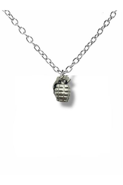 Herşey Nota Metal Necklace with Grenade Figure – Silver Color Unisex Military Style Jewelry