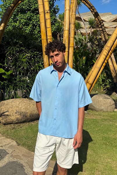 Flaw Wear Basic Oversize Blue Short Sleeve Shirt