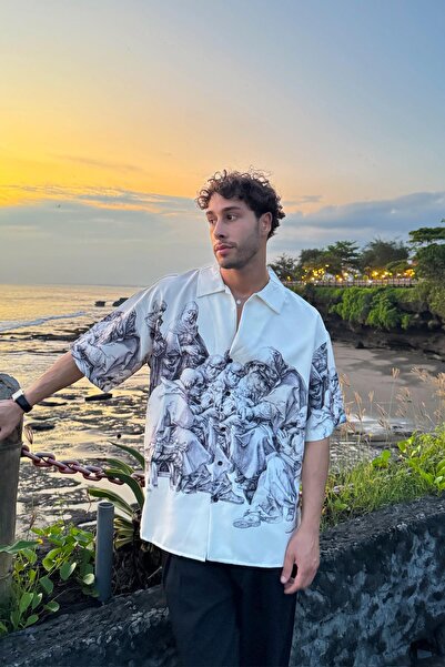 Flaw Wear Holy Power Oversize Beige Short Sleeve Shirt