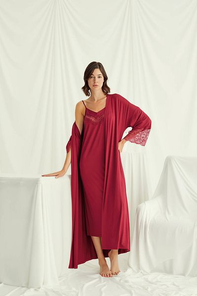 MONAMİSE Women's Low-Cut Collar and Sleeves Lace Dressing Gown Nightgown Set 18507