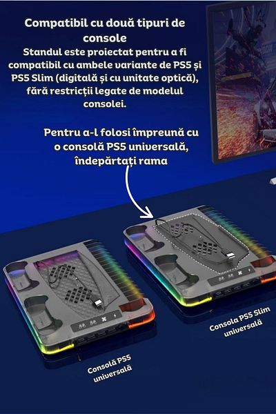 clickzu Suport și răcitor multifuncțional pentru PS5/PS5 Slim, încărcător pentru controller, suport pentru 16 jocuri și căști.