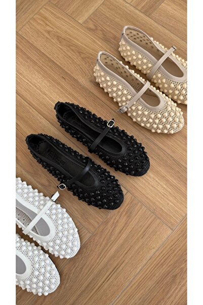 Eataly Shoes Boncuk Detaylı Siyah File Babet