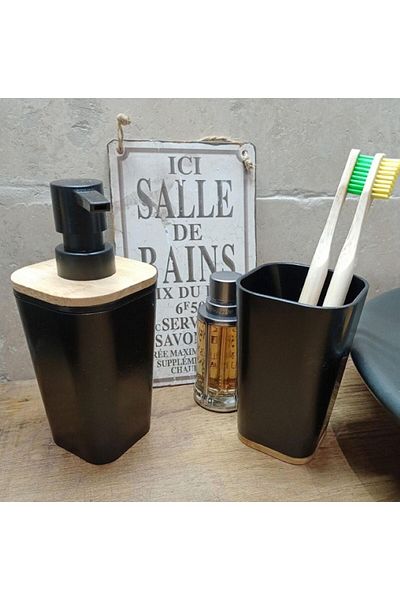 FRANDIS Toilet brush set, soap dispenser, glass, soap dish, plastic/bamboo, black/beige, Frandis