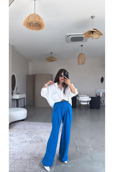 Buket Teke Saks Blue Double Breasted Pleated Trousers