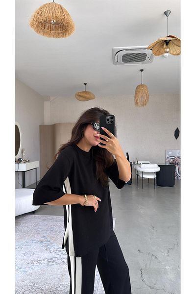 Buket Teke Black Double Stripe Slit Modal Suit
