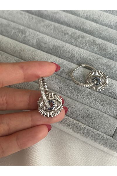 ringbox Silver Colored Eye Dangle Stone Hoop Earrings
