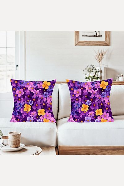 on the clouds Purple Orange Flowers Combination Hidden Zipper Throw Pillow Cover Sofa Pillowcase Set (2Pcs)