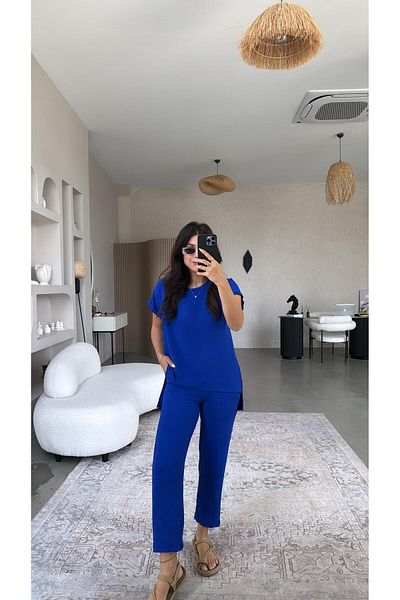 Buket Teke Saks Blue Leg Trousers Blouse Set