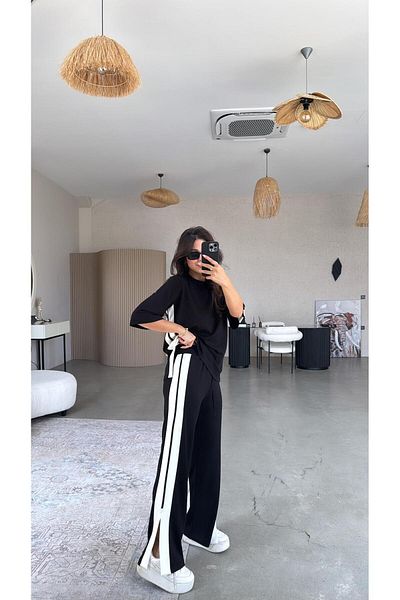 Buket Teke Black Double Stripe Slit Modal Suit