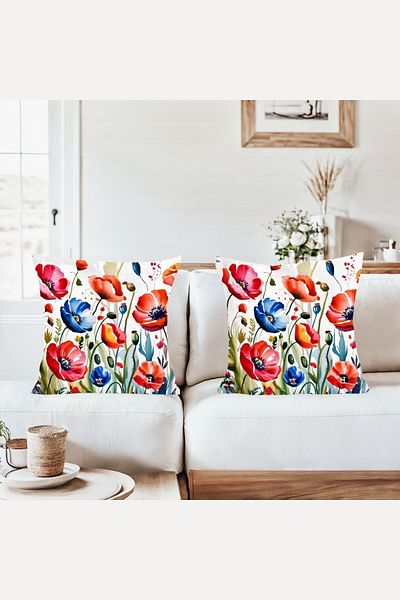 on the clouds Colorful Poppies Flowers Combination Hidden Zippered Throw Pillow Cover Sofa Pillow Case Set (2Pcs)