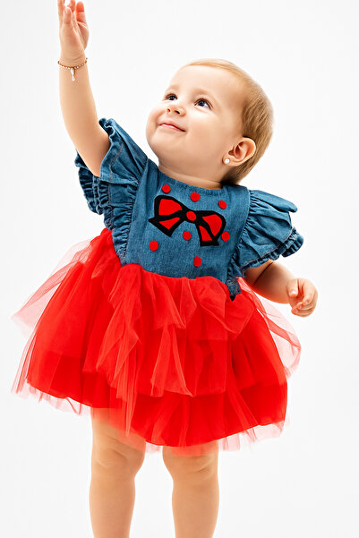 MBK GARDEN Baby Girl Red Tulle Denim Dress – Bow, Lined, Birthday Dress