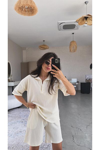 Buket Teke Beige Collar Wrap Shorts Blouse Set
