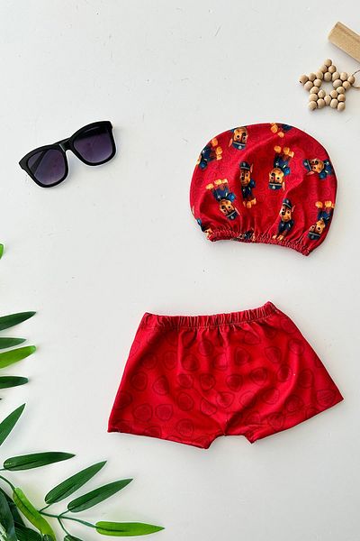 Minigimin Cicileri My Little Pimples (2-8 Years) Character Patterned Boy's Swimsuit and Cap Set - Red