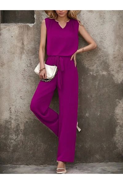 Kokosh moda Women's Sleeveless V-Neck Aerobin Blouse and Belted Waist Trousers Set of Two