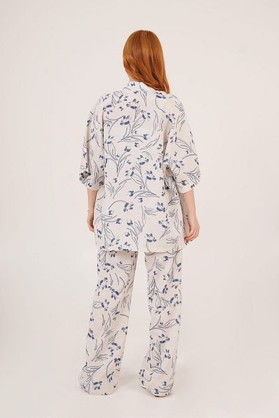 369 etnik butik Women's Blue Floral Print Kimono and Pants Set - Two Piece