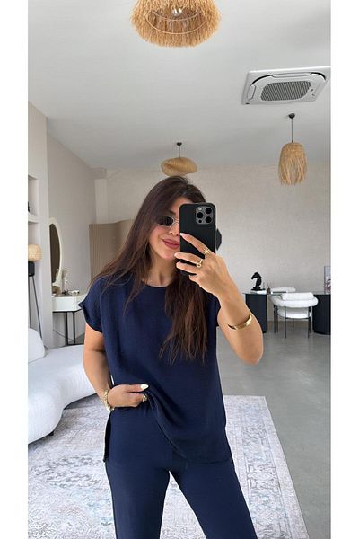 Buket Teke Navy Blue Leg Cuff Pants Blouse Set