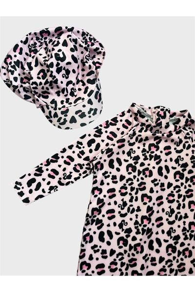 ALİŞ KİDS Girl's Pink Leopard Patterned Long Sleeve Hat Protected Swimsuit