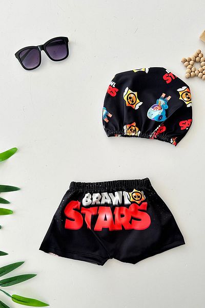 Minigimin Cicileri My Little Pimples (Ages 2-8) Stars Character Patterned Boy's Swimsuit and Cap Set - Black