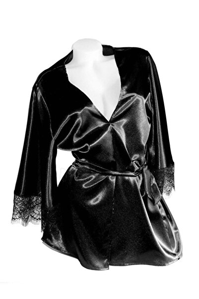 BLD by Exclusive Halat dama satin soft negru, dantela tip chantilly, ROMANCE,...