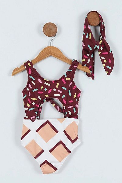 Minigimin Cicileri My Little Girl's Bikini Swimsuit Set with Tie Detail (Age 3-10) - Claret Red
