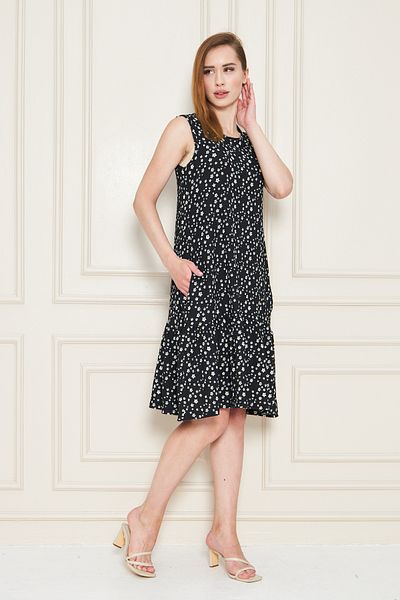 ESPOİRPLUS Women's Black Flowered Circle Neck Skirt Ruffle Burmick Dress