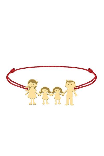 BijuBOX Brățară personalizată Family 4 membri cu snur roșu, argint 925 placat cu aur 24K BijuBOX