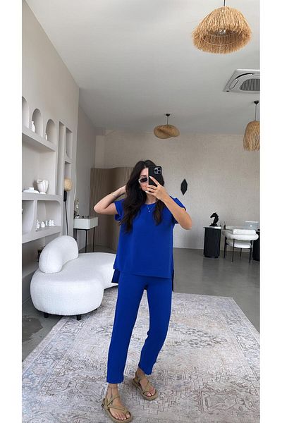 Buket Teke Saks Blue Leg Trousers Blouse Set