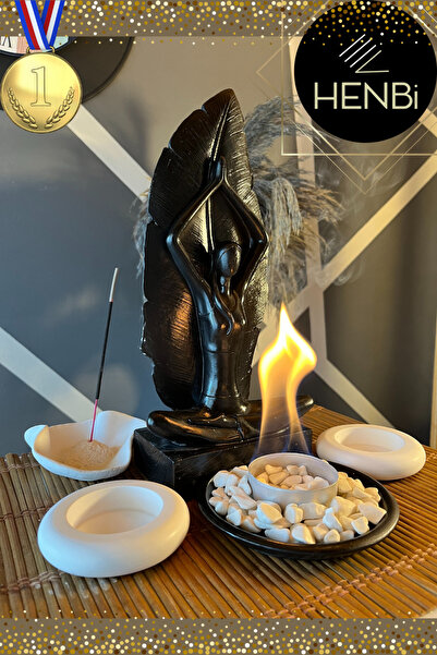 DEKORANLA 3D Taş Dekoratif Masa Üstü Şömine, Tütsülük ve Mumluk Seti, Siyah