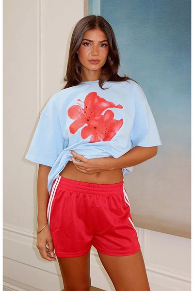 The Champ Clothing Kakadın Blue Oversize T-Shirt 100% Cotton Red Double Flower Printed