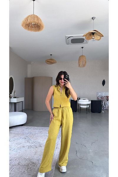 Buket Teke Mustard Silver Accessory Trousers Blouse Set