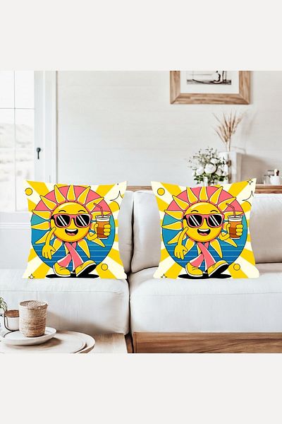 on the clouds Smiling Sun with Glasses Combination Hidden Zipper Throw Pillow Case Sofa Pillow Case Set (2Pcs)