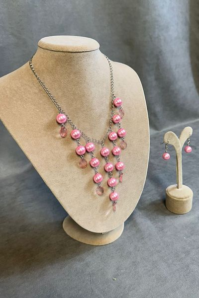 Uretti - Tuğba 9352 0371 Handmade Pink Pearl Beaded Jewelry Set