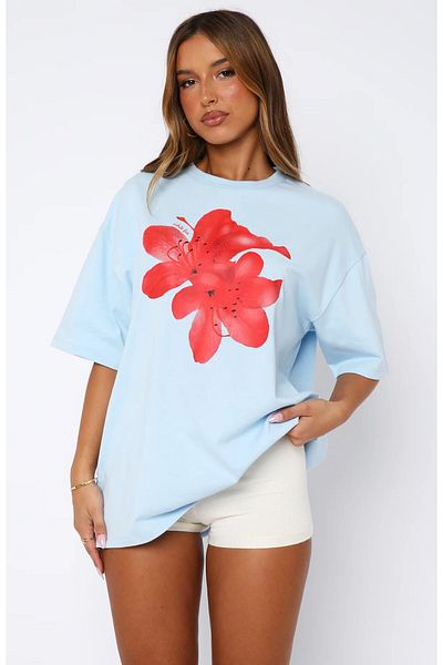 The Champ Clothing Kakadın Blue Oversize T-Shirt 100% Cotton Red Double Flower Printed