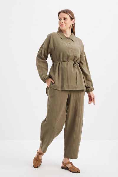 ALLDAY Khaki-Half Placket Buttoned Muslin Tunic