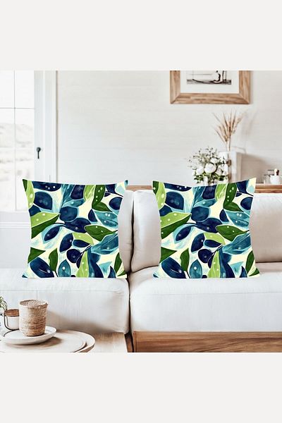 on the clouds Green Navy Blue Leaves Combination Hidden Zippered Throw Pillow Cover Sofa Pillow Case Set (2Pcs)