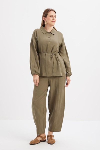 ALLDAY Khaki-Half Placket Buttoned Muslin Tunic
