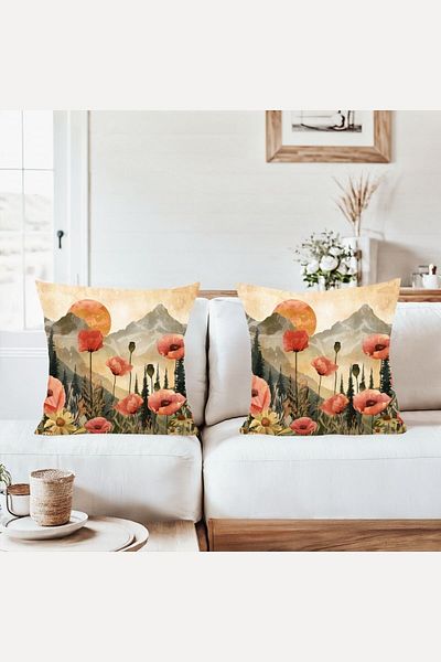 on the clouds Nature Themed Poppy Flower Combination Hidden Zippered Throw Pillow Cover Sofa Pillow Case Set (2Pcs)