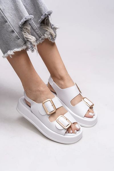 KİNDEP Kindep Double Buckle Detailed Massage Sole Daily Comfortable Women's Sandals White