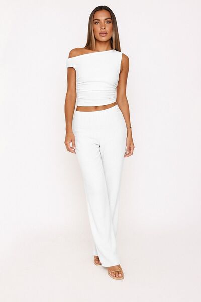 Know Beyaz Tek Omuz Detay Büzgülü Bluz Pantolon Örme Bürümcük Takım