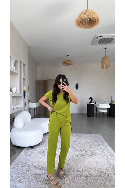 Buket Teke Olive Leg Trousers Blouse Set