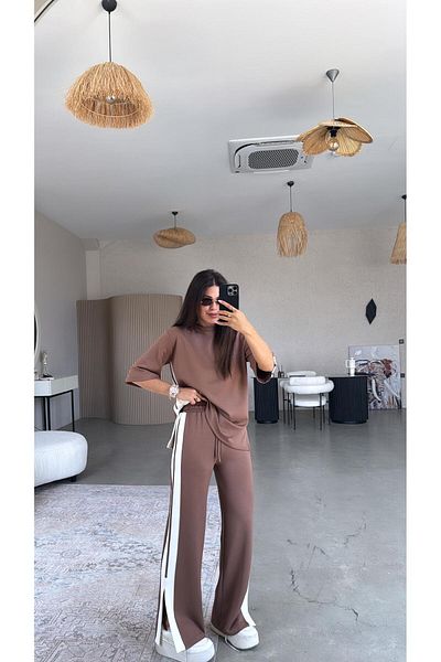 Buket Teke Brown Double Stripe Slit Modal Suit