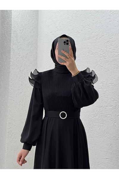 MİHRA STORE Oreleva Shoulder Ruffle Bust Pleated Tulle Dress-Pa9596 Black