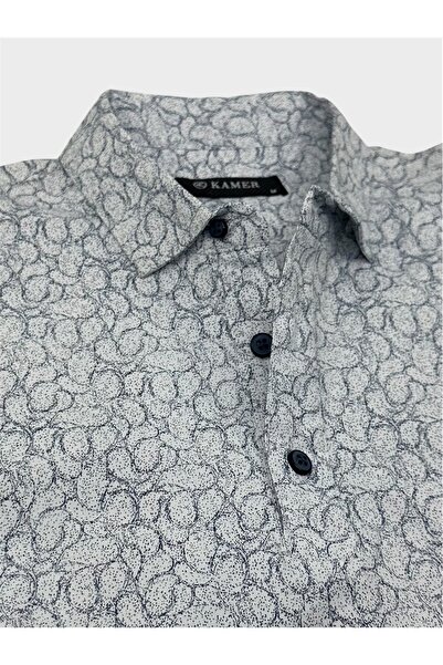 KAMER Modern Fit Shirt Collar Short Sleeve Lycra Patterned White T-Shirt 9508B