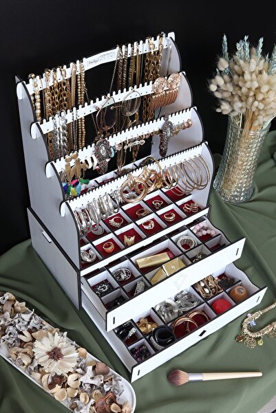 DEKORANLA Büyük Takı Organizer, Kozmetik ve Makyaj Düzenleyici, Beyaz ve Yeşi...