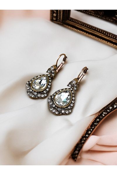 FAYRA ACCESSORIES Antique Bronze Water Drop Earrings with Crystal Stone