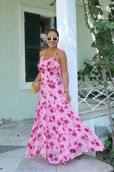 Purple by Banu PEMBE Askılı Çiçek Desen Şifon Elbise