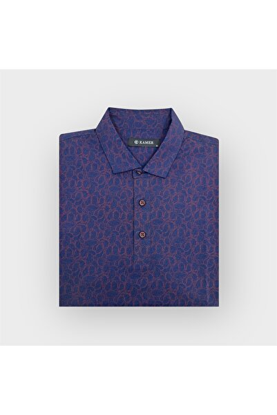 KAMER Modern Fit Shirt Collar Short Sleeve Lycra Patterned Navy Blue T-Shirt 9508lb