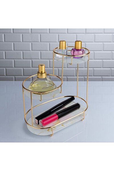 DEKORANLA Mermer Desenli Cam 2 Katlı 3 Bölmeli Çok Amaçlı Organizer