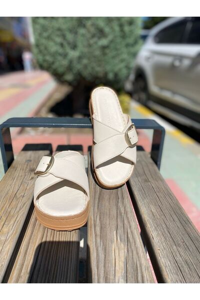 Mammamia D25Yt-1285 Daily Genuine Leather Cushion Sole Women's Slippers